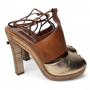Missoni Metallic Gold Squared Wood Heels Women's Skinny Ankle Strap Evening 9.5